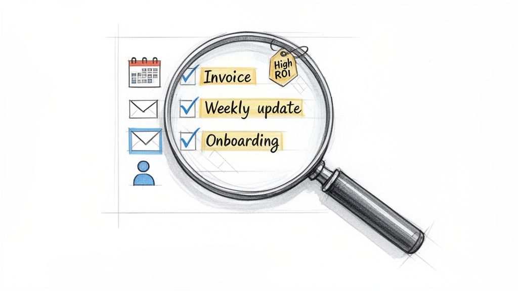 Magnifying glass highlights checked tasks: Invoice, Weekly Update, Onboarding, tagged High ROI, next to calendar and email icons.
