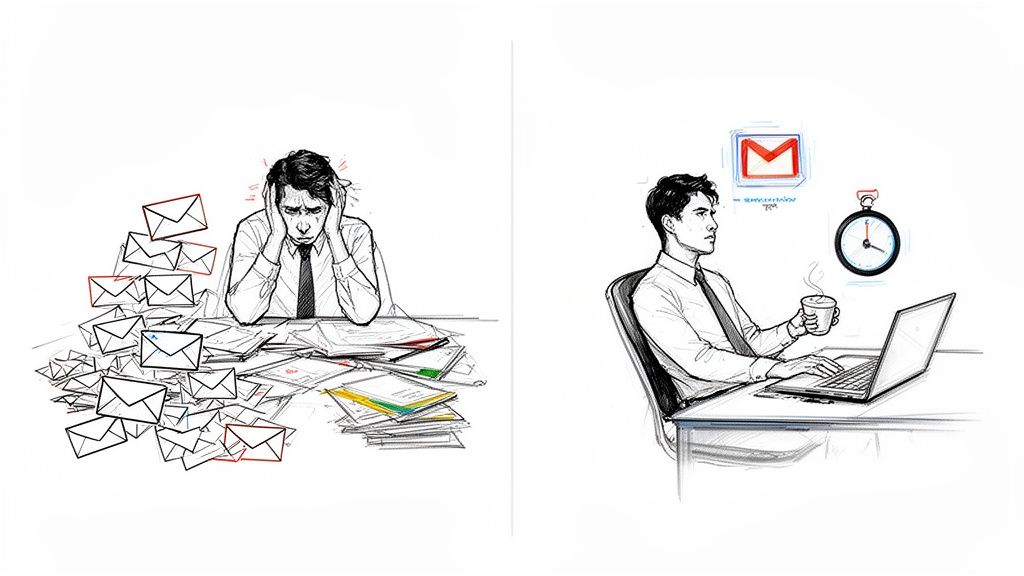 Man overwhelmed by many emails contrasted with a calm man managing automated emails efficiently.