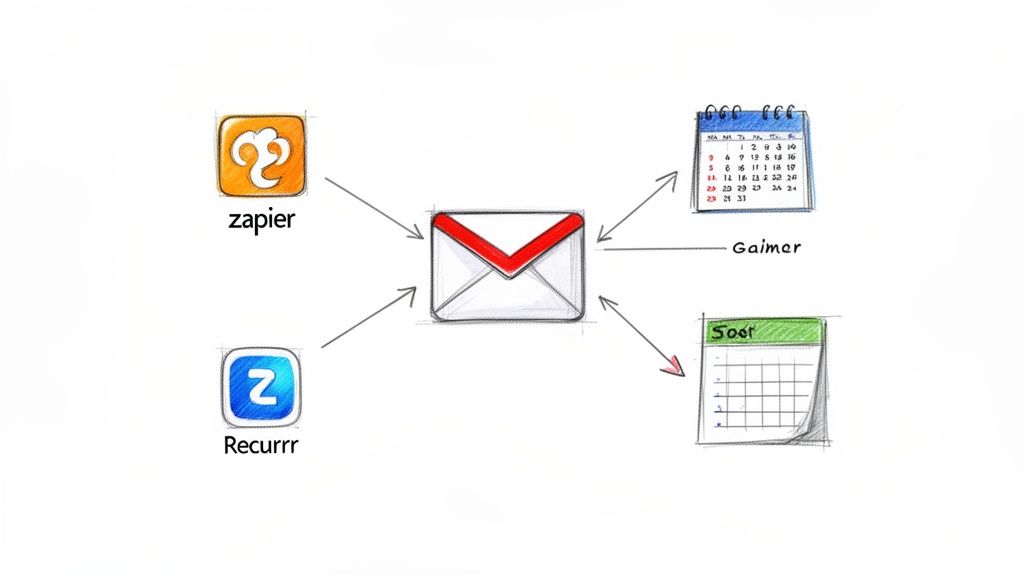 Diagram illustrating an email service (Gmail) integrating with automation tools like Zapier, Recurrr, Gaimer, and Soar.