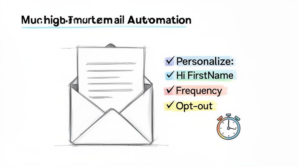 An illustration showcasing smart email automation features like personalization, frequency, and opt-out options.