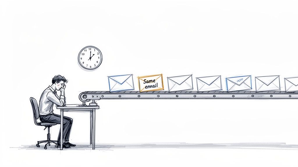 A man looking overwhelmed by a continuous stream of identical emails on a conveyor belt, illustrating email fatigue.