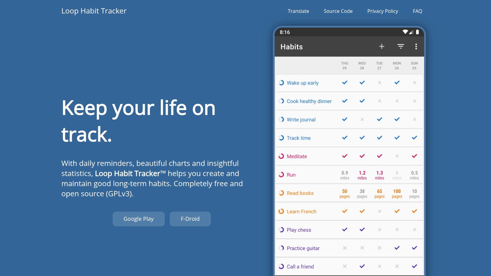 A screenshot of the Loop Habit Tracker app interface showing habit strength scores and a clean calendar view.