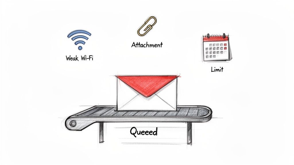 Illustration of an email on a conveyor belt, representing a queued email due to weak Wi-Fi, attachments, or limits.