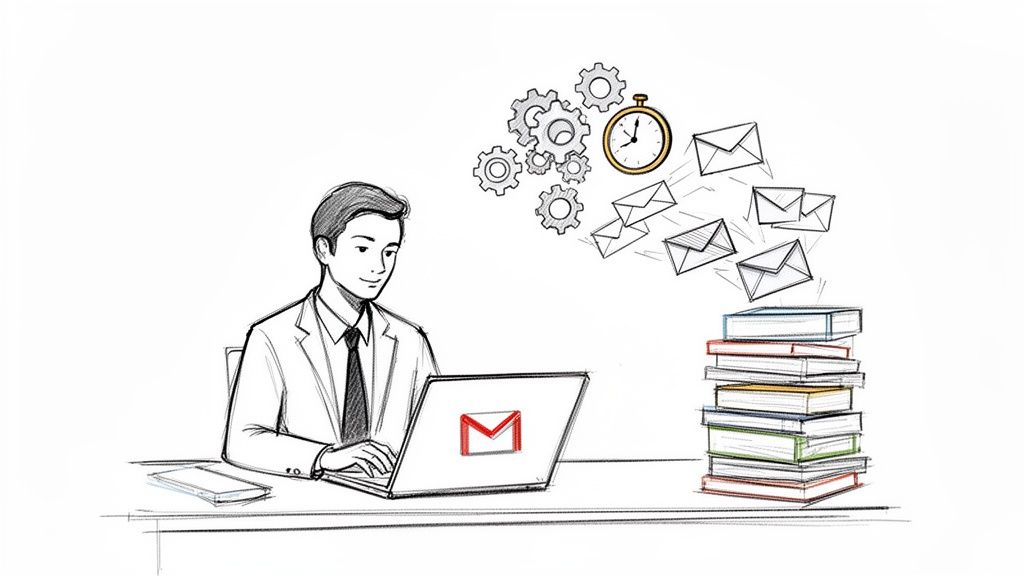 Illustration of a man automating Gmail emails on a laptop, with gears, a stopwatch, and emails flowing into books.