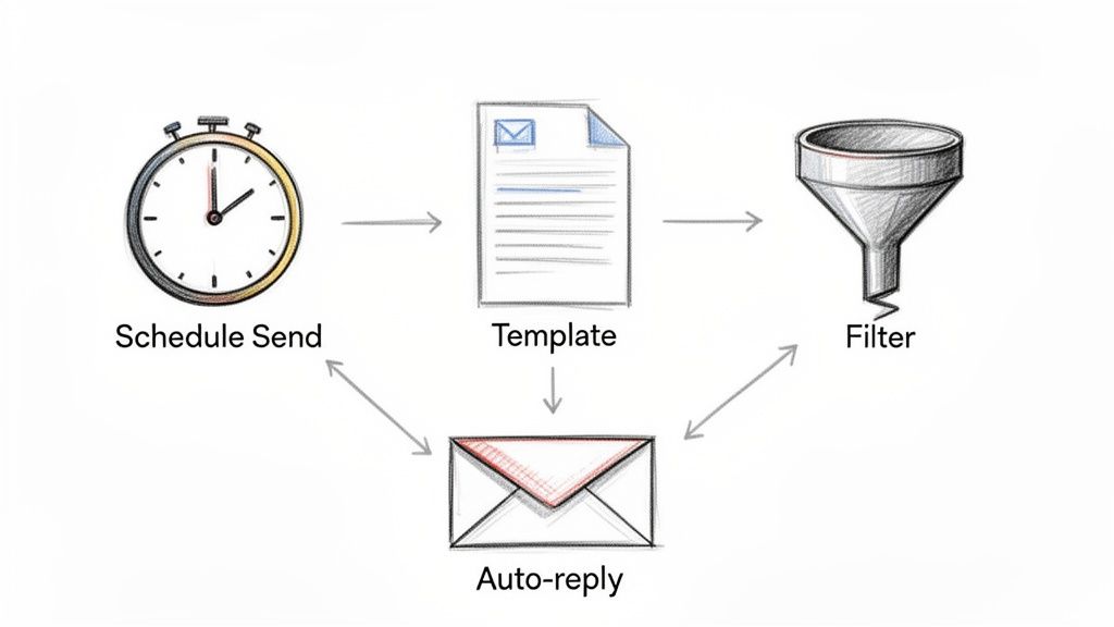 Diagram illustrating an email automation workflow with schedule send, templates, filters, and auto-reply.