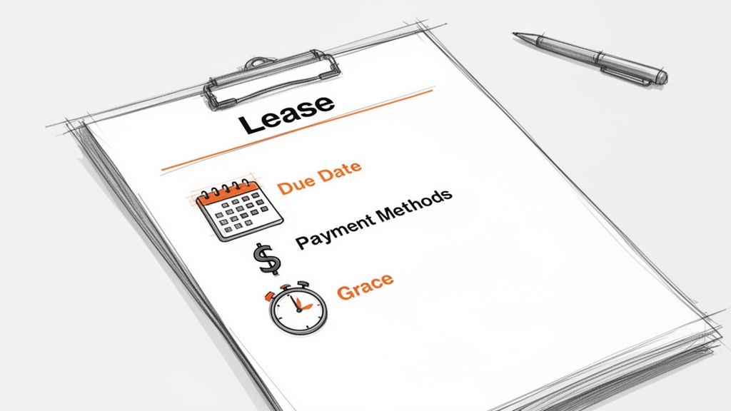 A sketch of a lease document on a clipboard, outlining due date, payment methods, and grace periods for rent.