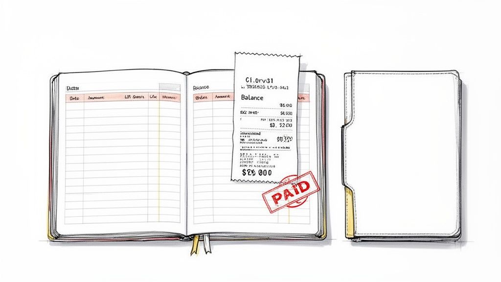 An open ledger with financial records, a receipt showing a 'PAID' stamp, and a file folder.