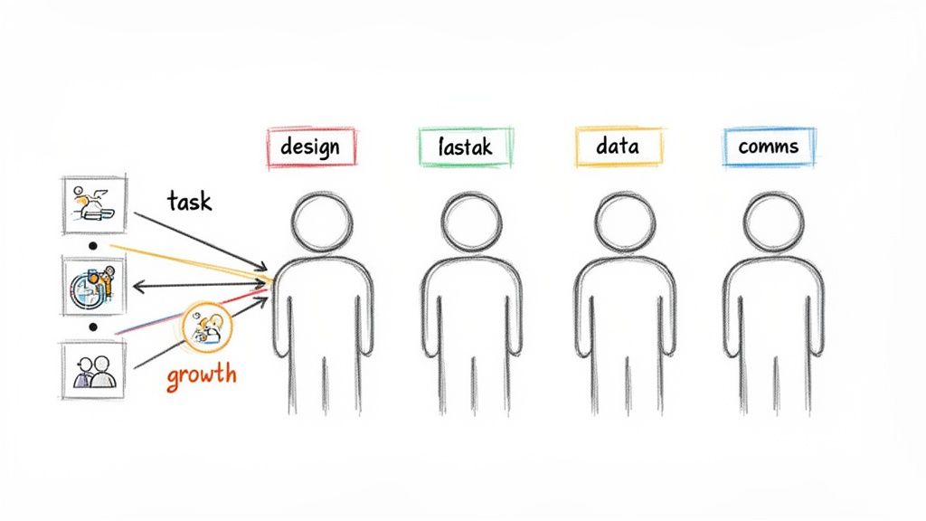 Diagram showing tasks and growth being delegated to a design team member collaborating with other departments.