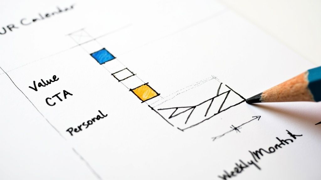 A hand uses a pencil to draw a marketing calendar with categories Value, CTA, Personal, and colored blocks.