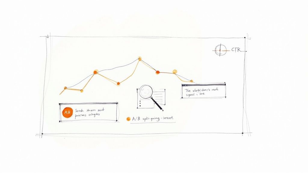 A sketch illustrating data analysis, line graph trends, A/B splitting, and click-through rate measurement.