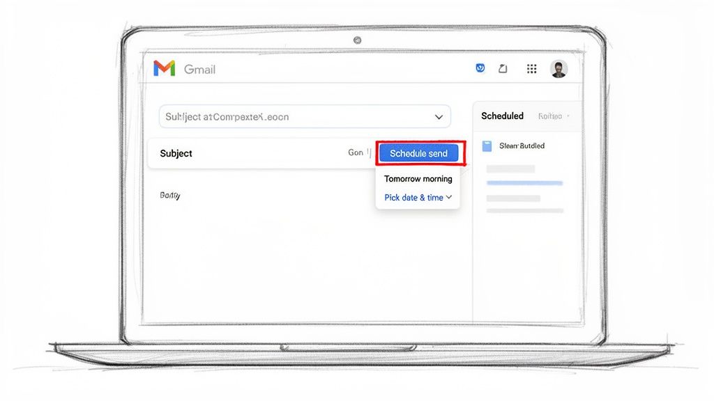 A laptop screen displays the Gmail interface, highlighting the "Schedule send" button for emails.
