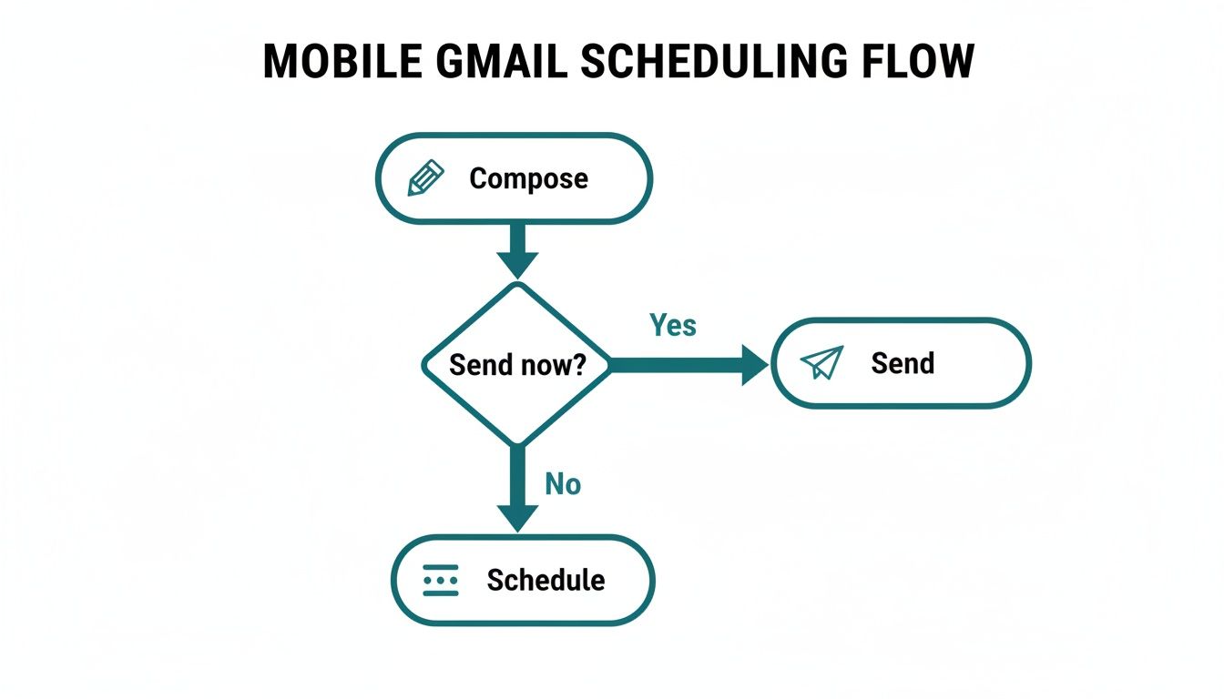 A flowchart detailing the mobile Gmail scheduling flow: compose, then decide to send now or schedule.