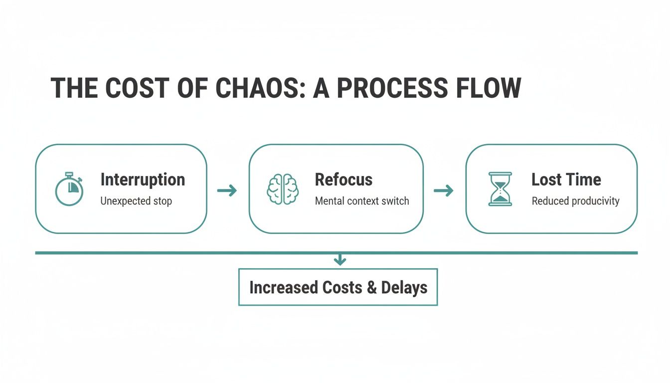 Process flow diagram showing how interruptions lead to refocusing, lost time, resulting in increased costs and delays.