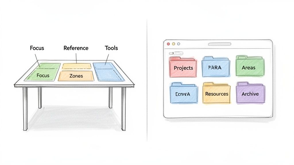 Visual comparison of physical desk zones for focus, reference, tools and digital PARA method folder organization.