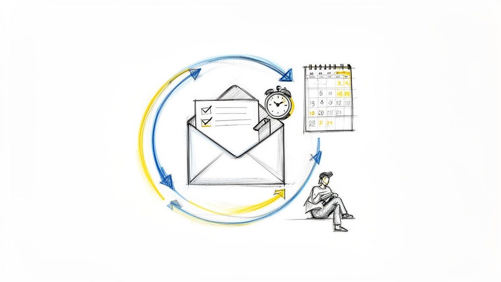 A sketch illustrating a cyclical email process with a checklist, alarm clock, calendar, and a person.