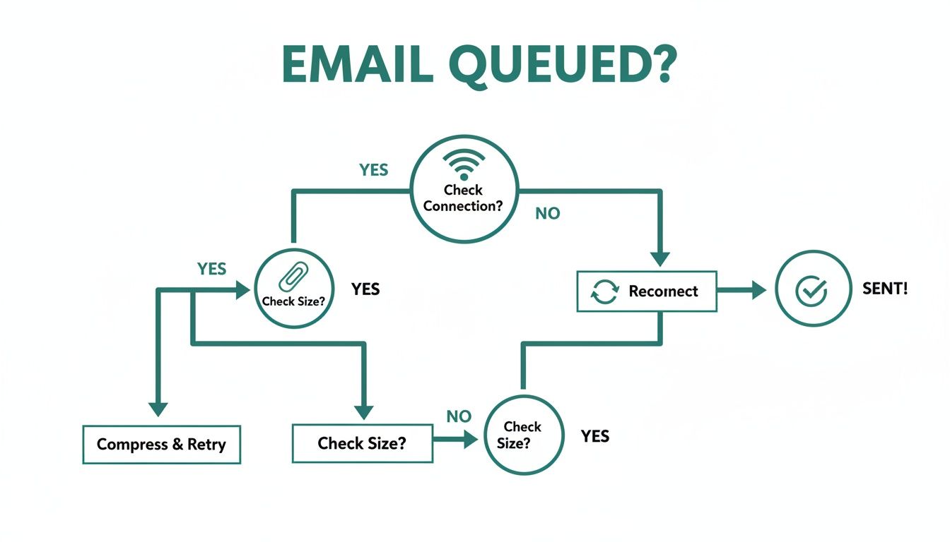 Flowchart illustrating troubleshooting steps for an email stuck in the queue, covering connection and attachment size.