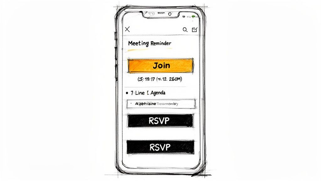 A hand-drawn sketch of a smartphone displaying a meeting reminder with 'Join' and 'RSVP' buttons.