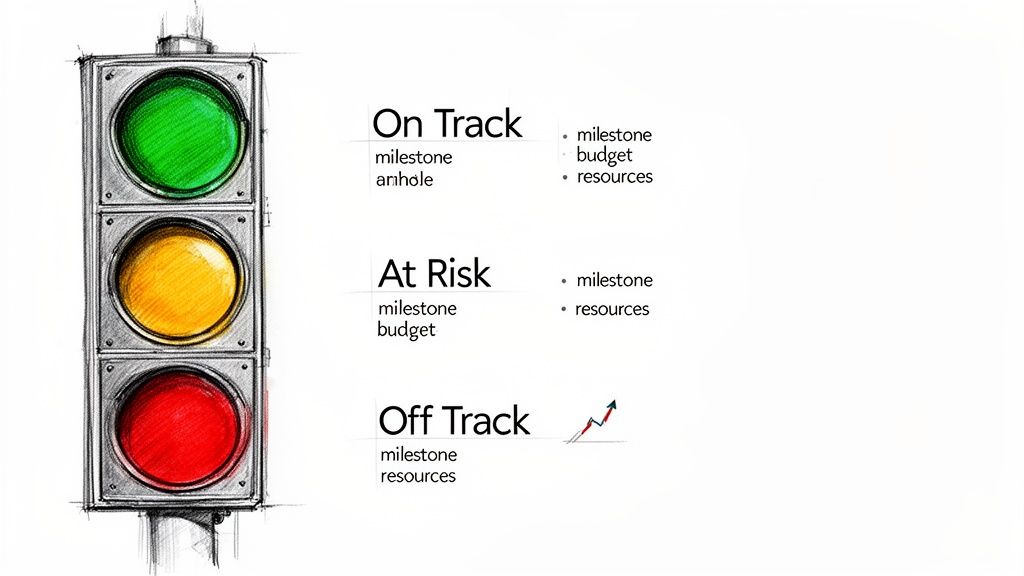 A hand-drawn traffic light illustrating project statuses: On Track (green), At Risk (yellow), and Off Track (red).