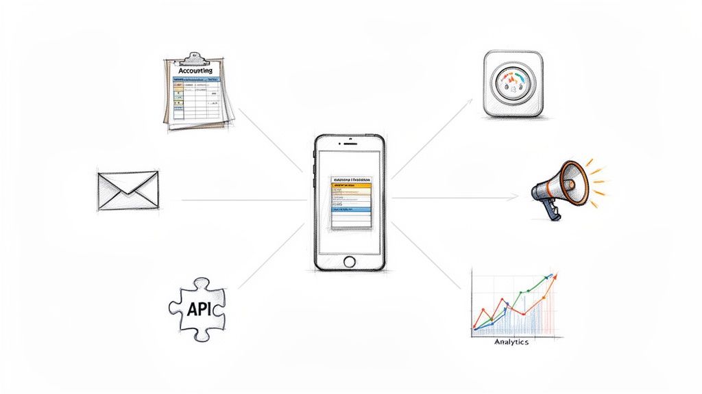 A diagram illustrating a smartphone integrated with various business tools like accounting, email, API, analytics, and marketing.