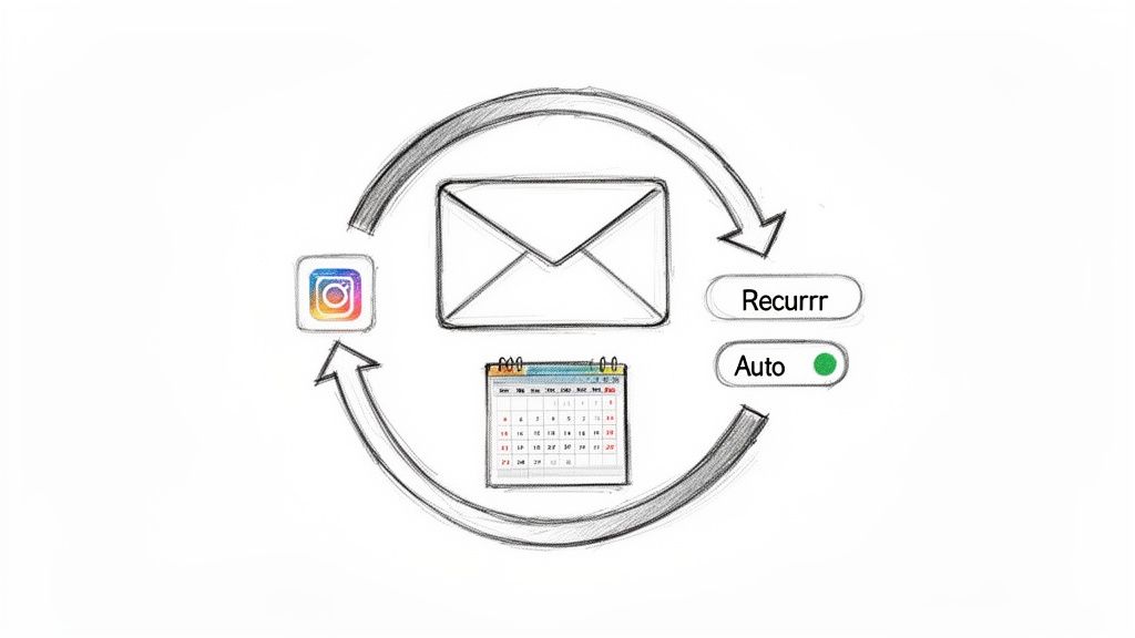 Diagram illustrating a recurring automated email process involving Instagram, scheduling, and an 'auto' toggle.