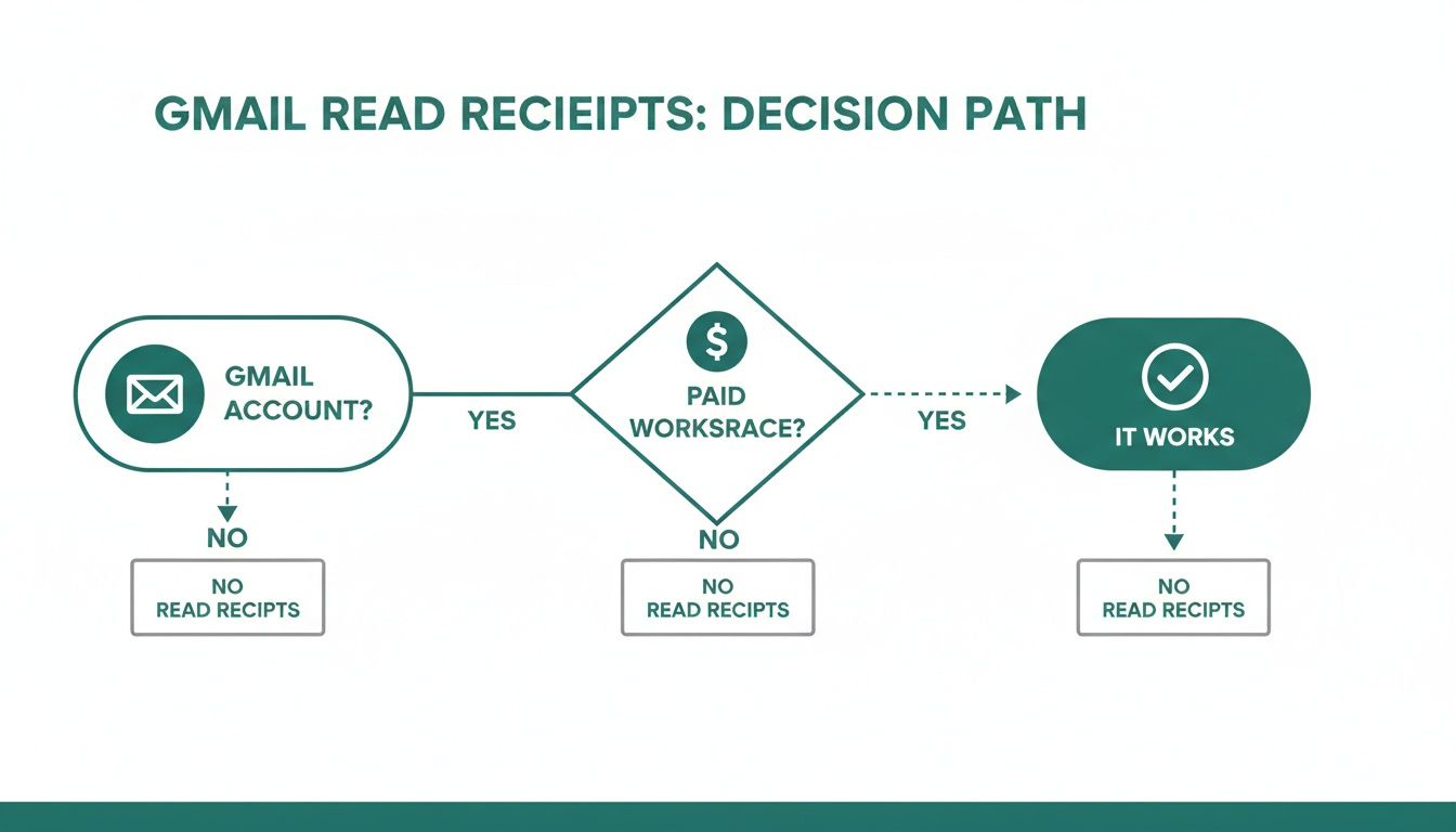 Flowchart illustrating the decision path for Gmail read receipts, requiring a Gmail account and paid Workspace.