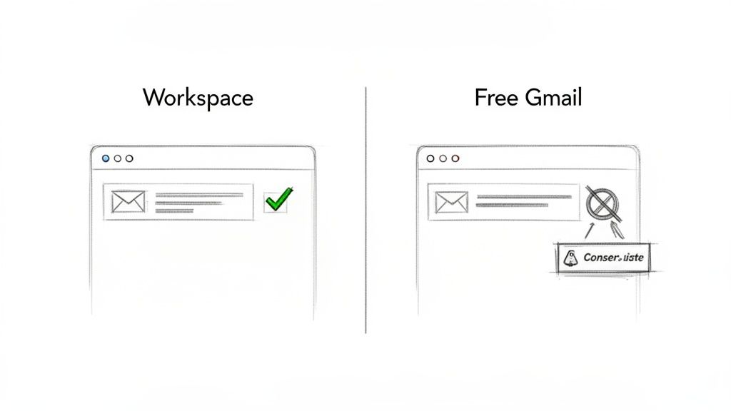 Illustration comparing email features in Google Workspace (with a checkmark) versus Free Gmail (with a crossed-out symbol).