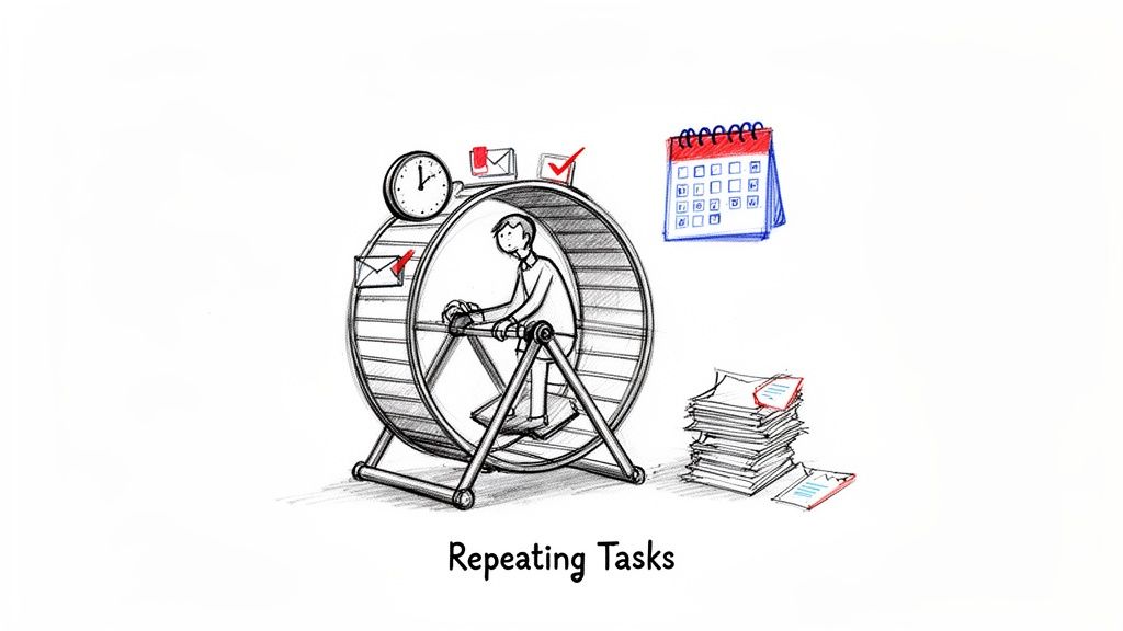 A person in a hamster wheel, symbolizing the repetitive nature of daily work tasks and routines.