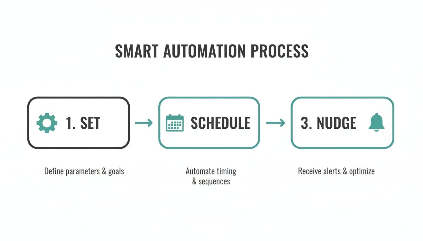 A diagram illustrating the Smart Automation Process with steps: Set, Schedule, and Nudge.