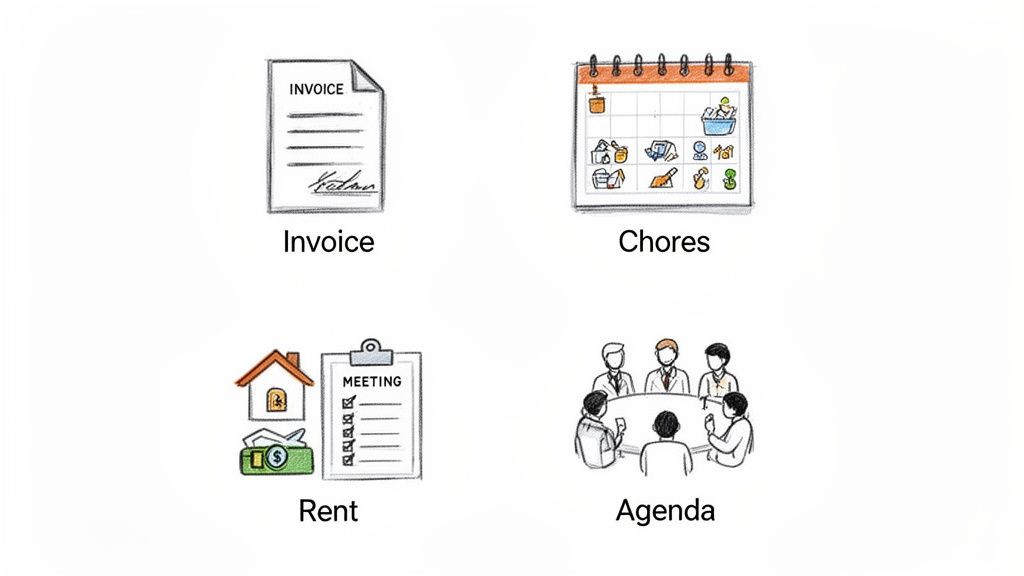 Hand-drawn icons illustrating various recurring tasks: invoice, chores, rent, and a meeting agenda.