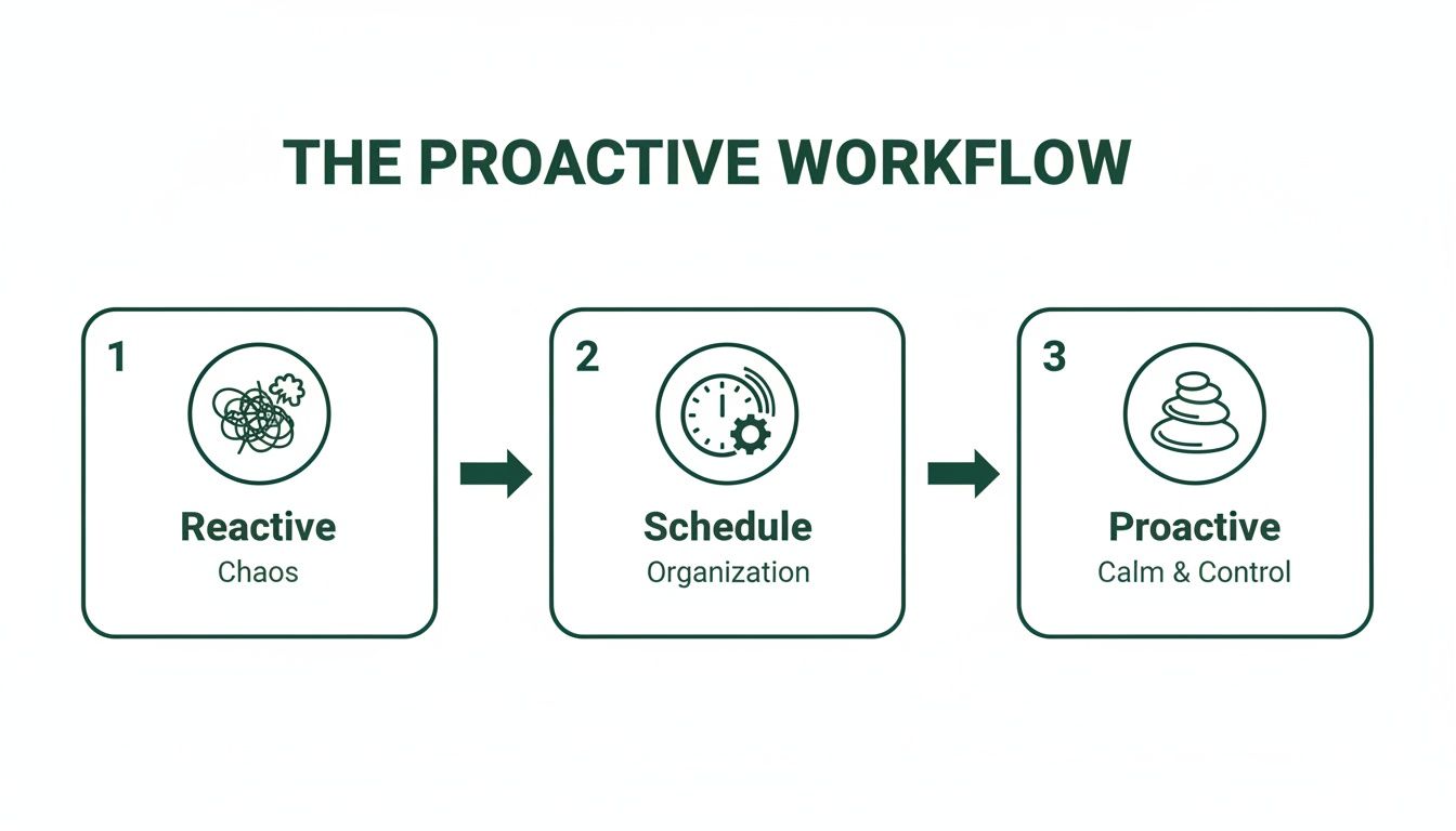 Workflow diagram showing transition from reactive chaos through scheduling to proactive calm and control.