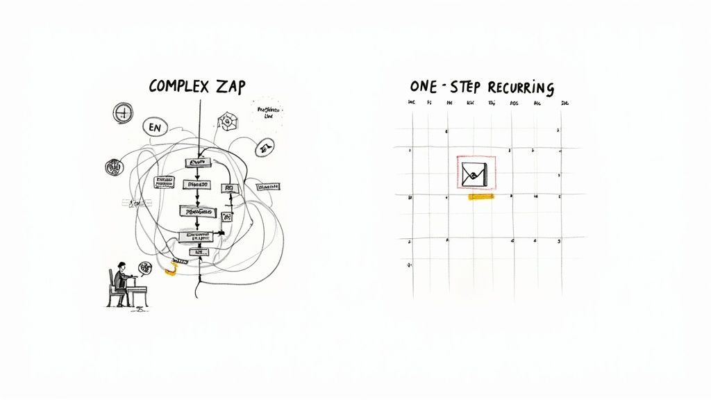 Diagram comparing a complex, multi-step workflow with a simple, one-step recurring task on a calendar.