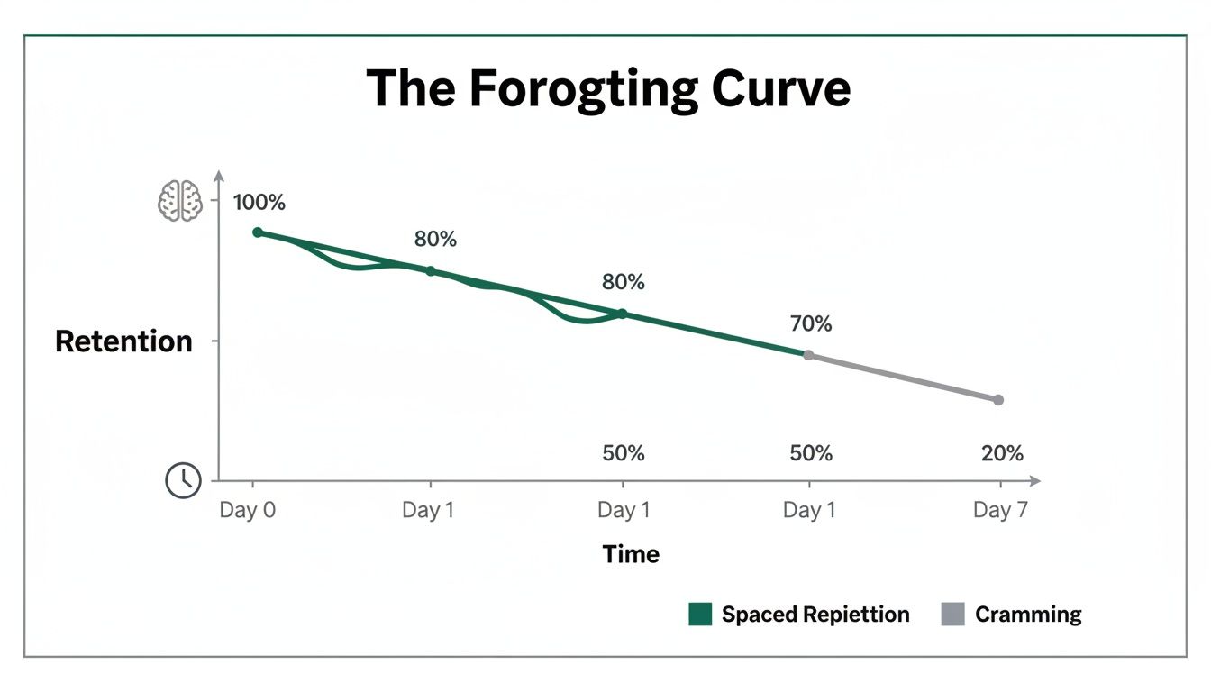 Line graph illustrating the forgetting curve, comparing spaced repetition to cramming for memory retention over time.