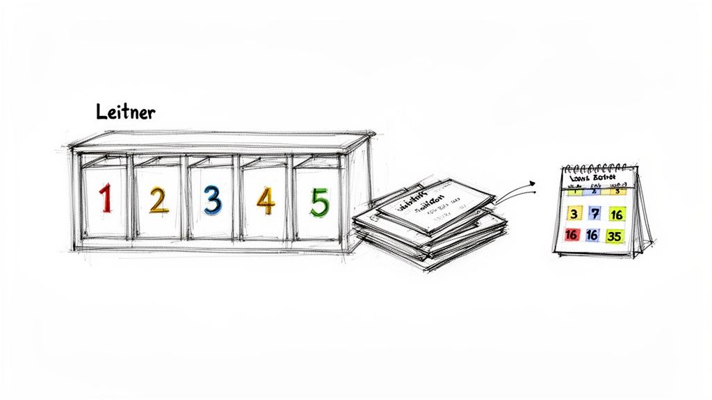 A sketch illustrating the Leitner system for spaced repetition with numbered compartments, flashcards, and a review schedule.