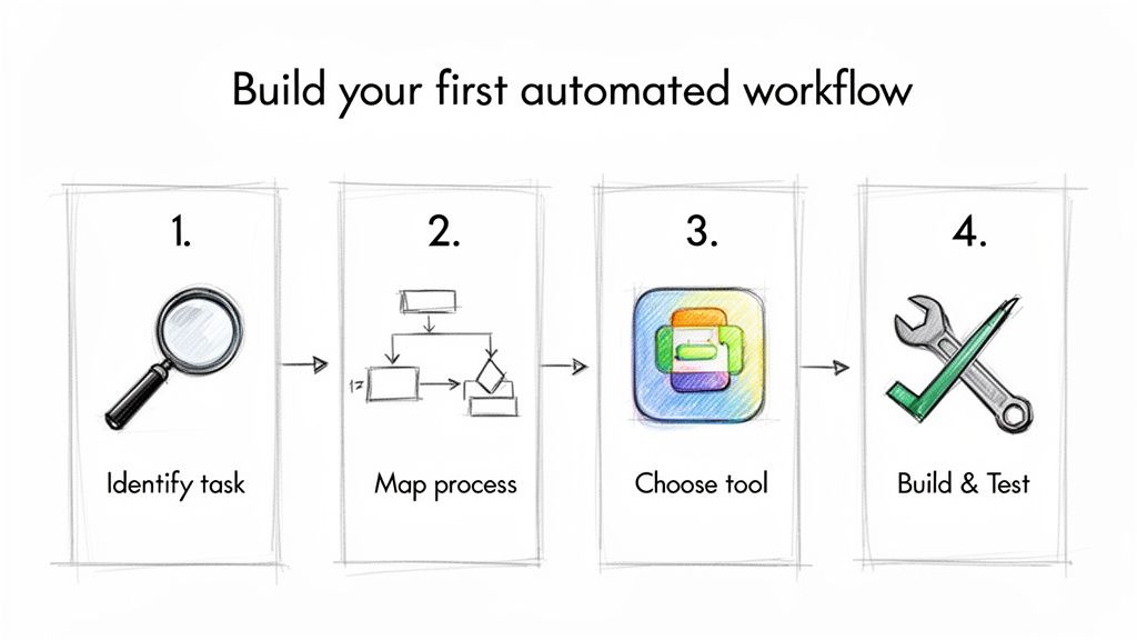 Illustrated steps for building an automated workflow: identify task, map process, choose tool, and build and test.